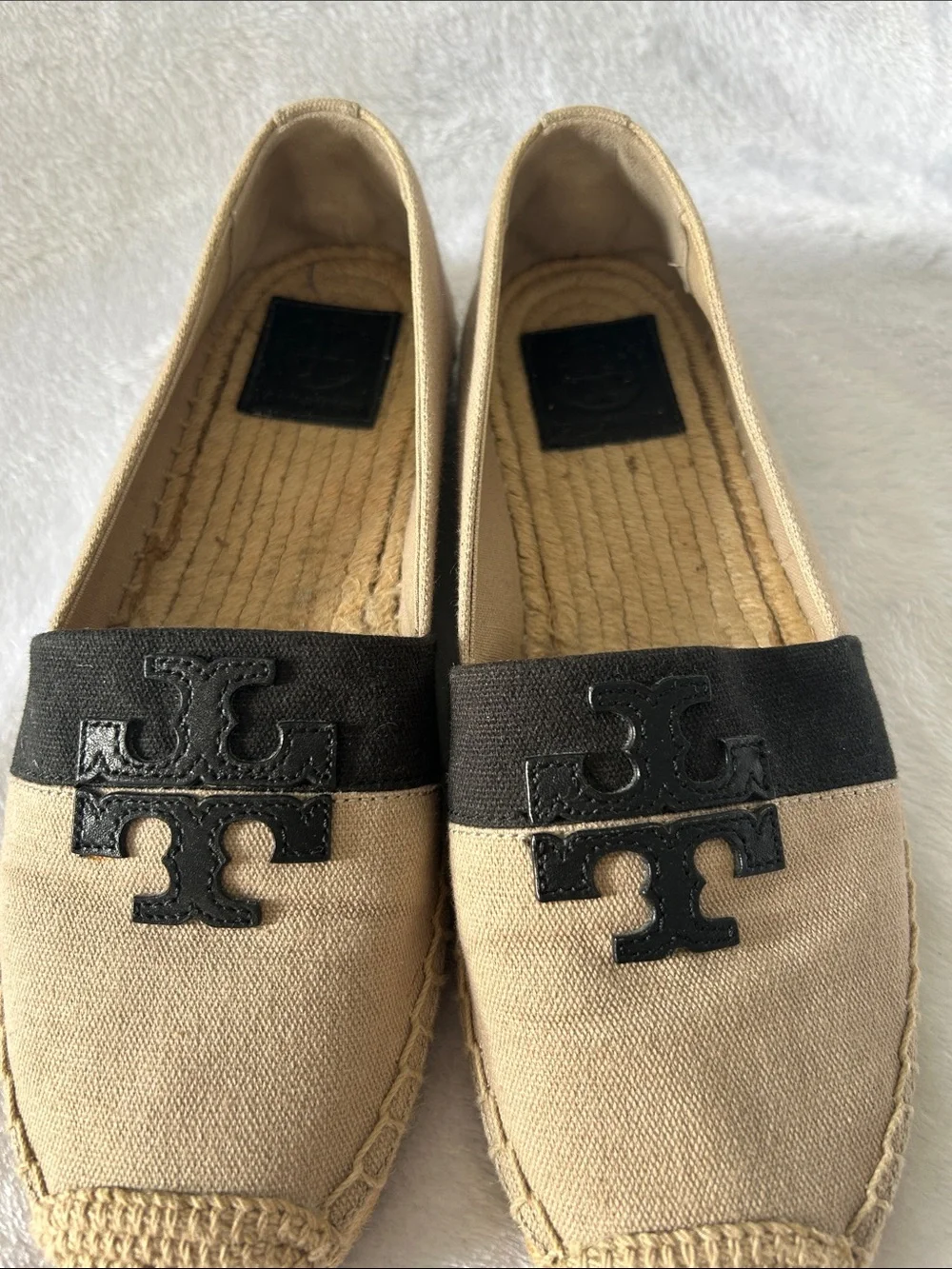 Tory Burch Beige Canvas Espadrilles with Black Logo Band